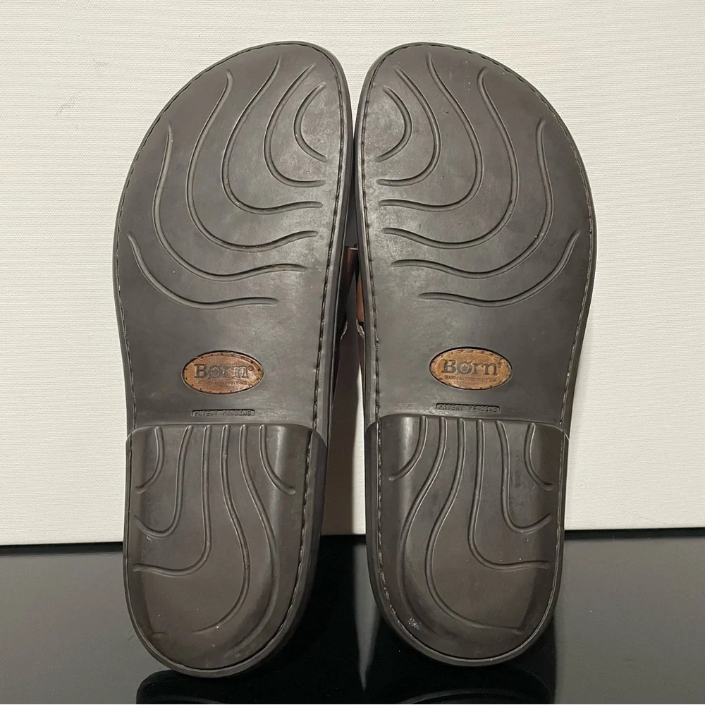 Born Men's 11 Dark Brown Leather Flip-Flops Sandals Crisscross Strap Handcrafted - Picture 9 of 10